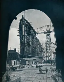 A striking bow view of the giant Cunard liner, Queen Mary, at Clydebank, Glasgow 1934