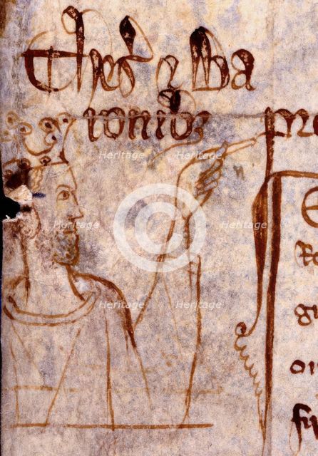 A stubbled King Edward I points to some lettering on a page from a memoranda roll, c1301.  Creator: Unknown.