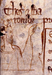 A stubbled King Edward I points to some lettering on a page from a memoranda roll, c1301. Creator: Unknown
