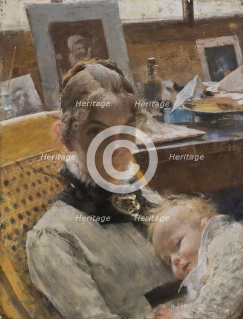 A Studio Idyll. The Artist's Wife and their Daughter, 1885. Creator: Carl Larsson.