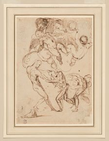 A Study of Bound Male Figures being Manhandled, and Various Putti, One Holding a Palm..., n.d. Creator: Unknown