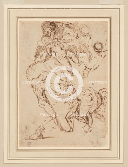 A Study of Bound Male Figures being Manhandled, and Various Putti, One Holding a Palm..., n.d. Creator: Unknown.