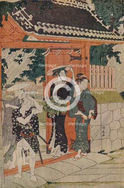 'A Sudden Shower at the Mimeguri Inari Shrine', 1787. Artist: Torii Kiyonaga.