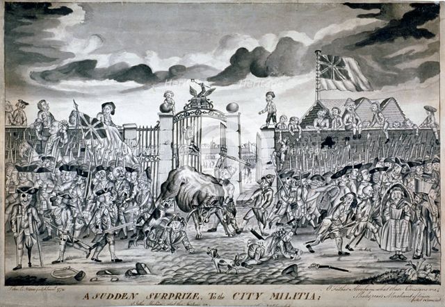 'A sudden surprize to the City Militia ...', 1774. Artist: John Nixon