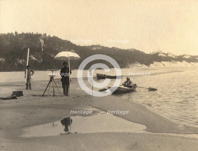 A survey group with instruments on the right bank of the Zeya River, 1909. Creator: Vladimir Ivanovich Fedorov.