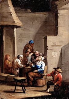 A surgeon operating on a woman's mouth, c17th century. Creator: Unknown