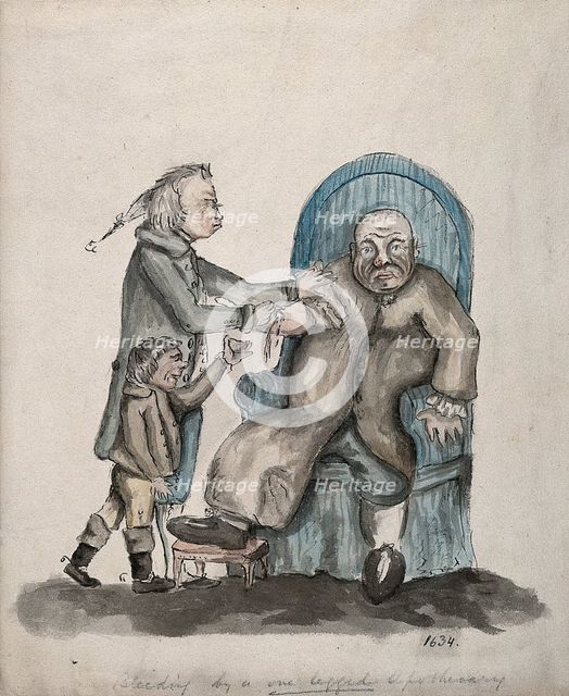 A surgeon-apothecary bleeding a patient, his servant boy catches the drops. Creator: Unknown.