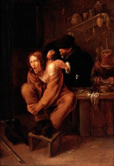 A surgeon applying medicine to a wound in the shoulder of a man in pain, 1649. Creator: Gerrit Lundens