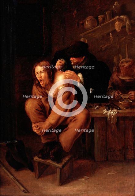A surgeon applying medicine to a wound in the shoulder of a man in pain, 1649. Creator: Gerrit Lundens.