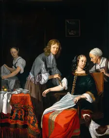 A surgeon binding up a woman's arm after bloodletting, c1700. Creator: Jacob Toorenvliet