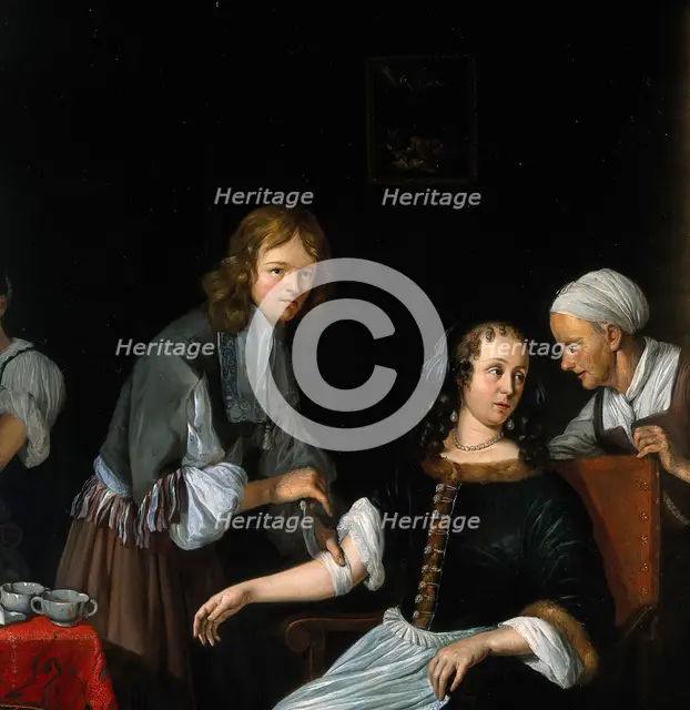 A surgeon binding up a woman's arm after bloodletting, c1700s. Creator: Jacob Toorenvliet.