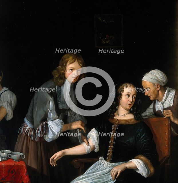 A surgeon binding up a woman's arm after bloodletting, c1700s. Creator: Jacob Toorenvliet.