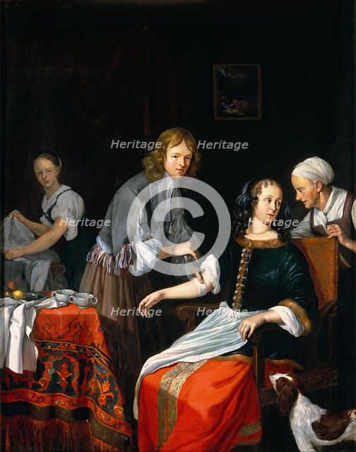 A surgeon binding up a woman's arm after bloodletting, c1700. Creator: Jacob Toorenvliet.