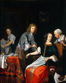 A surgeon binding up a woman's arm after bloodletting, c1700. Creator: Jacob Toorenvliet