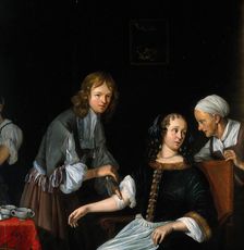 A surgeon binding up a woman's arm after bloodletting, c1700s. Creator: Jacob Toorenvliet