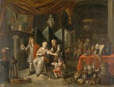 A surgeon letting blood from a woman's arm, and a physician examining a urine-flask, c1700s.. Creator: Balthasar van den Bossche