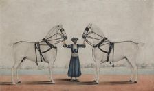 A Syce (Groom) Holding Two Carriage Horses, ca. 1845. Creator: attributed to Shaikh Muhammad Amir of Karraya