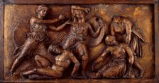 Amazon and Greek fighting with another Amazon supporting wounded companion on the right, 1816. Creator: Unknown