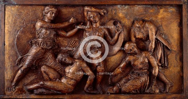 Amazon and Greek fighting with another Amazon supporting wounded companion on the right, 1816. Creator: Unknown.