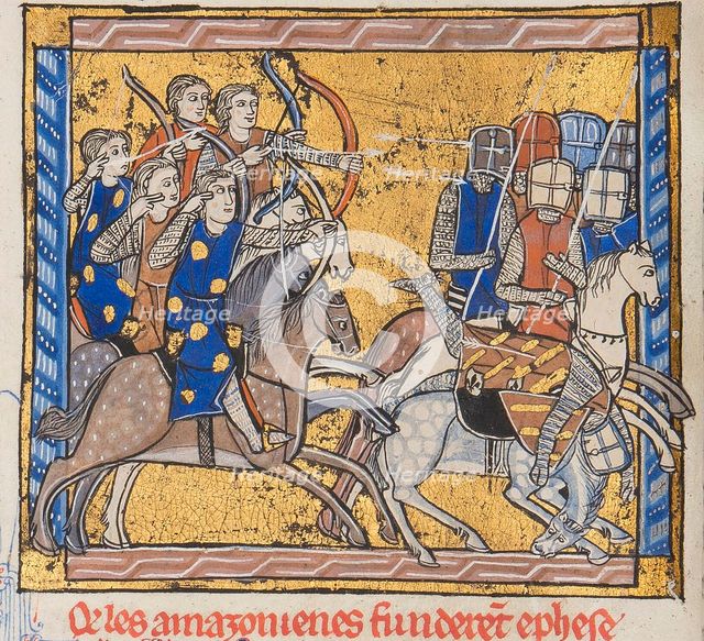 Amazons in battle. From "Histoires Roger", c. 1280. Creator: Anonymous.