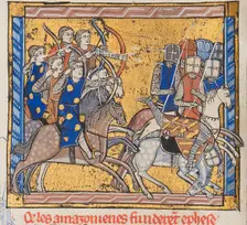 Amazons in battle. From "Histoires Roger", c. 1280. Creator: Anonymous