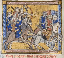 Amazons in battle. From "Histoires Roger", c. 1280. Creator: Anonymous
