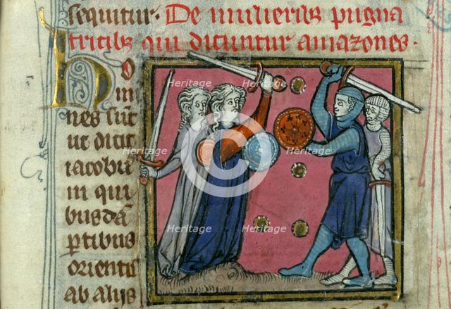 Amazons in battle. From Liber de natura rerum by Thomas de Cantimpré, um 1290. Creator: Anonymous.
