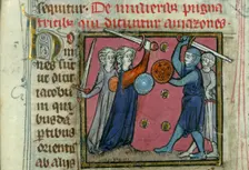 Amazons in battle. From Liber de natura rerum by Thomas de Cantimpré, um 1290. Creator: Anonymous