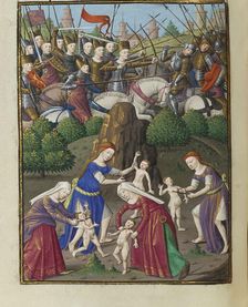 Amazons in battle. From Speculum historiale by Vincent de Beauvais, 1463. Creator: Anonymous