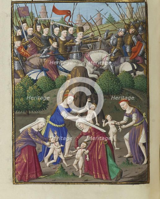 Amazons in battle. From Speculum historiale by Vincent de Beauvais, 1463. Creator: Anonymous.