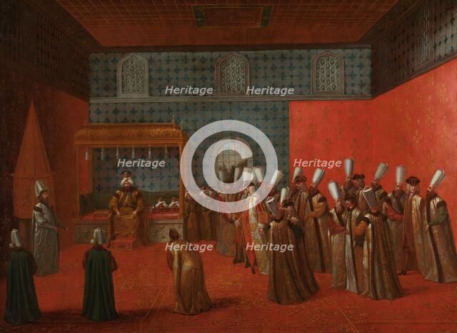 Ambassador Cornelis Calkoen at his Audience with Sultan Ahmed III, c.1727-c.1730. Creator: Jean Baptiste Vanmour.