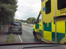 Ambulance attending road traffic accident, A35 Hampshire 2017. Creator: Unknown