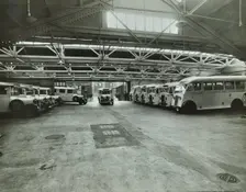 Ambulances in a garage, Western Ambulance Station, Fulham, 1939