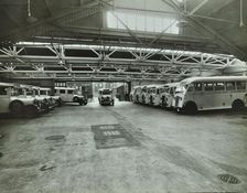 Ambulances in a garage, Western Ambulance Station, Fulham, 1939