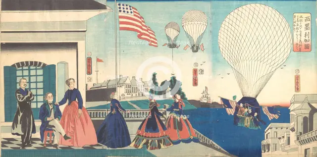 “America”: Enjoying Hot Air Balloons , 1867. Creator: Utagawa Yoshitora.