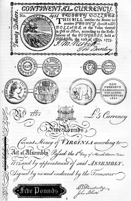 American coins and paper money, 17th-18th century (c1880). Artist: Unknown