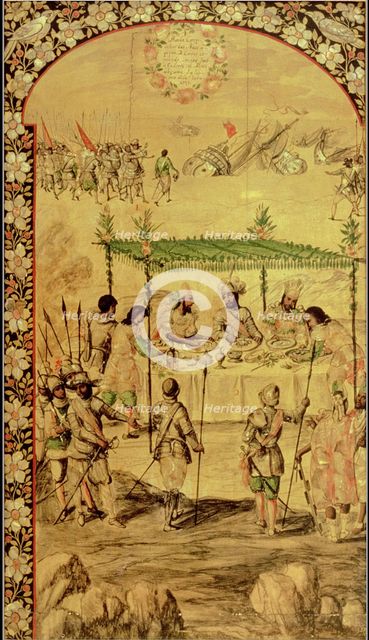 American Conquest, Hernán Cortés command to destroy the ships, top, and Cortés meets with ambassa…