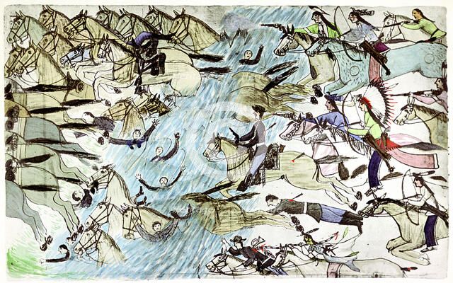 American cavalry retreating across a river pursued by Native American warriors, c1900. Artist: Amos Bad Heart Buffalo