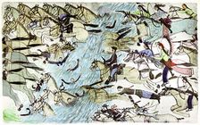 American cavalry retreating across a river pursued by Native American warriors, c1900. Artist: Amos Bad Heart Buffalo