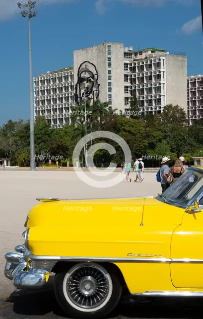 American Cadillac in front of a government building, Plaza de la Revolucion, Havana, Cuba, 2024. Creator: Ethel Davies.
