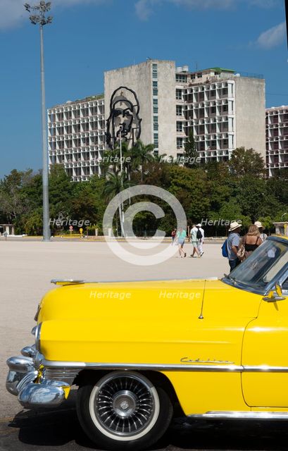 American Cadillac in front of a government building, Plaza de la Revolucion, Havana, Cuba, 2024. Creator: Ethel Davies.