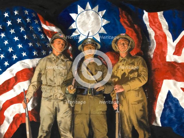 American, Chinese and British soldiers with flags of their countries, WWII poster, October 1943. Creator: Central Office of Information.
