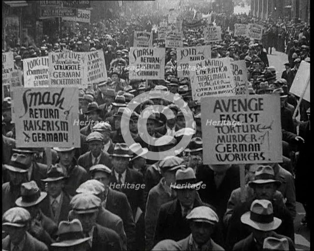 American anti-fascists Marching and Holding Signs, 1933. Creator: British Pathe Ltd.