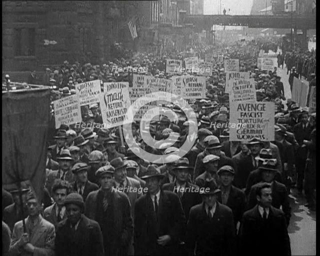 American anti-fascists Marching and Holding Signs, 1933. Creator: British Pathe Ltd.