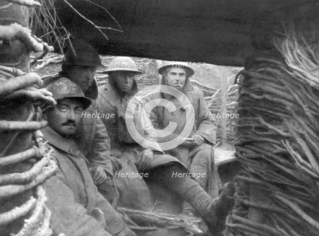American and French troops in a trench at the front, 1917-1918. Artist: Unknown