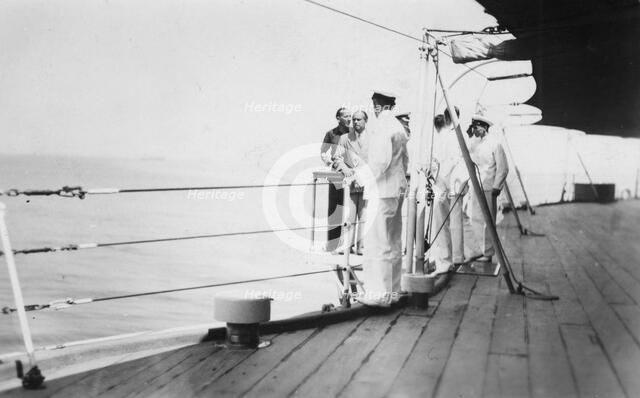 American actor and film director Douglas Fairbanks, Sr on board HMS 'Malaya', Venice, Italy 1938. Artist: Unknown