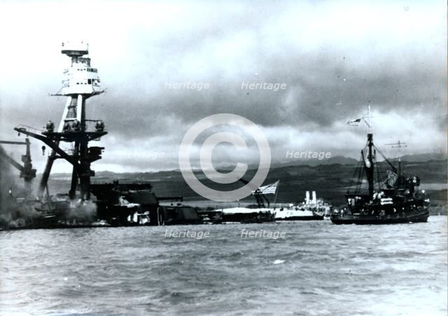 American battleship USS 'Arizona', Pearl Harbour, Hawaii, World War II, 7 December 1941. Artist: Unknown