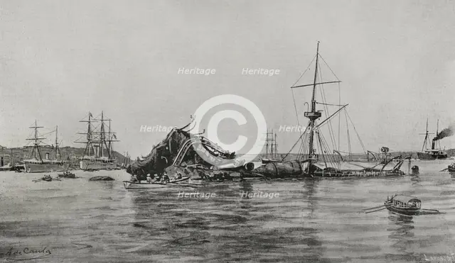American battleship "Maine" after the explosion in the port of Havana on February 15, 1898, (1898).  Creator: Francisco Laporta Valor.