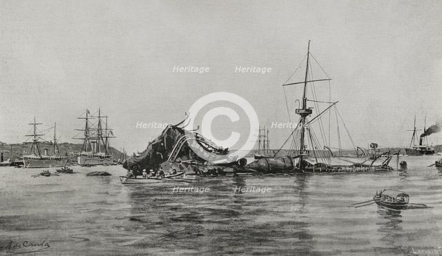 American battleship "Maine" after the explosion in the port of Havana on February 15, 1898, (1898).  Creator: Francisco Laporta Valor.