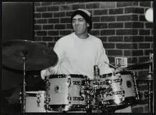 American drummer Gene Calderazzo playing at The Fairway, Welwyn Garden City, Hertfordshire, 2003. Creator: Denis Williams